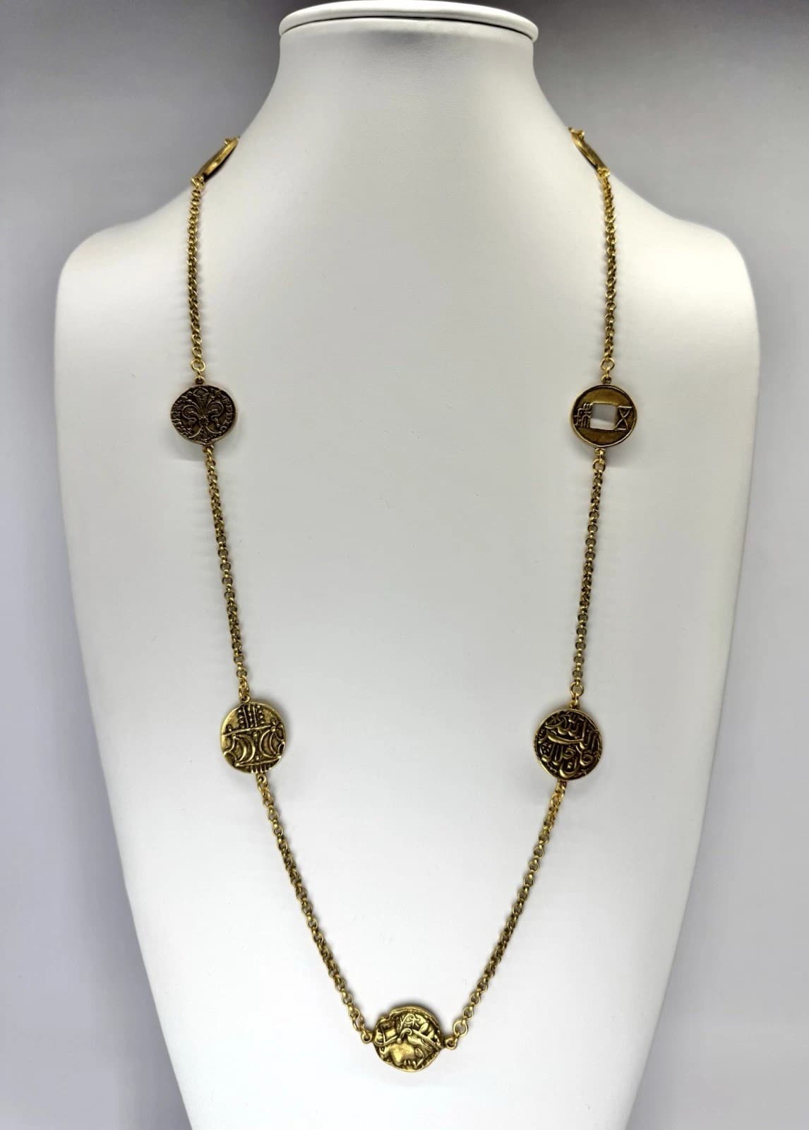 MMA Ancient Coin Pendant Reversible Gold Tone Vintage Necklace Jewelry 30” N145