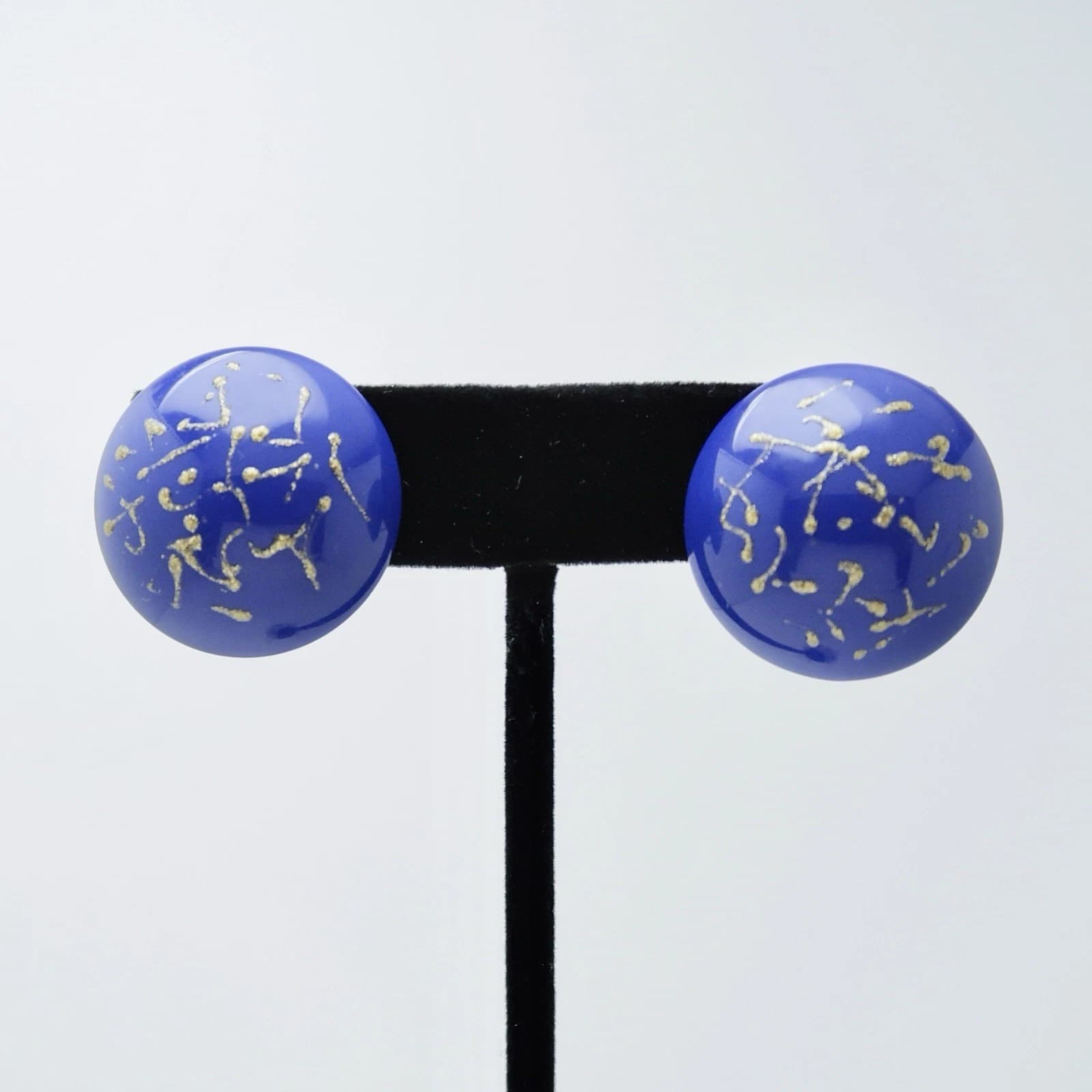AVON Dome Cobalt Blue Gold Glitter Retro Mod Vintage Earring Jewelry E94