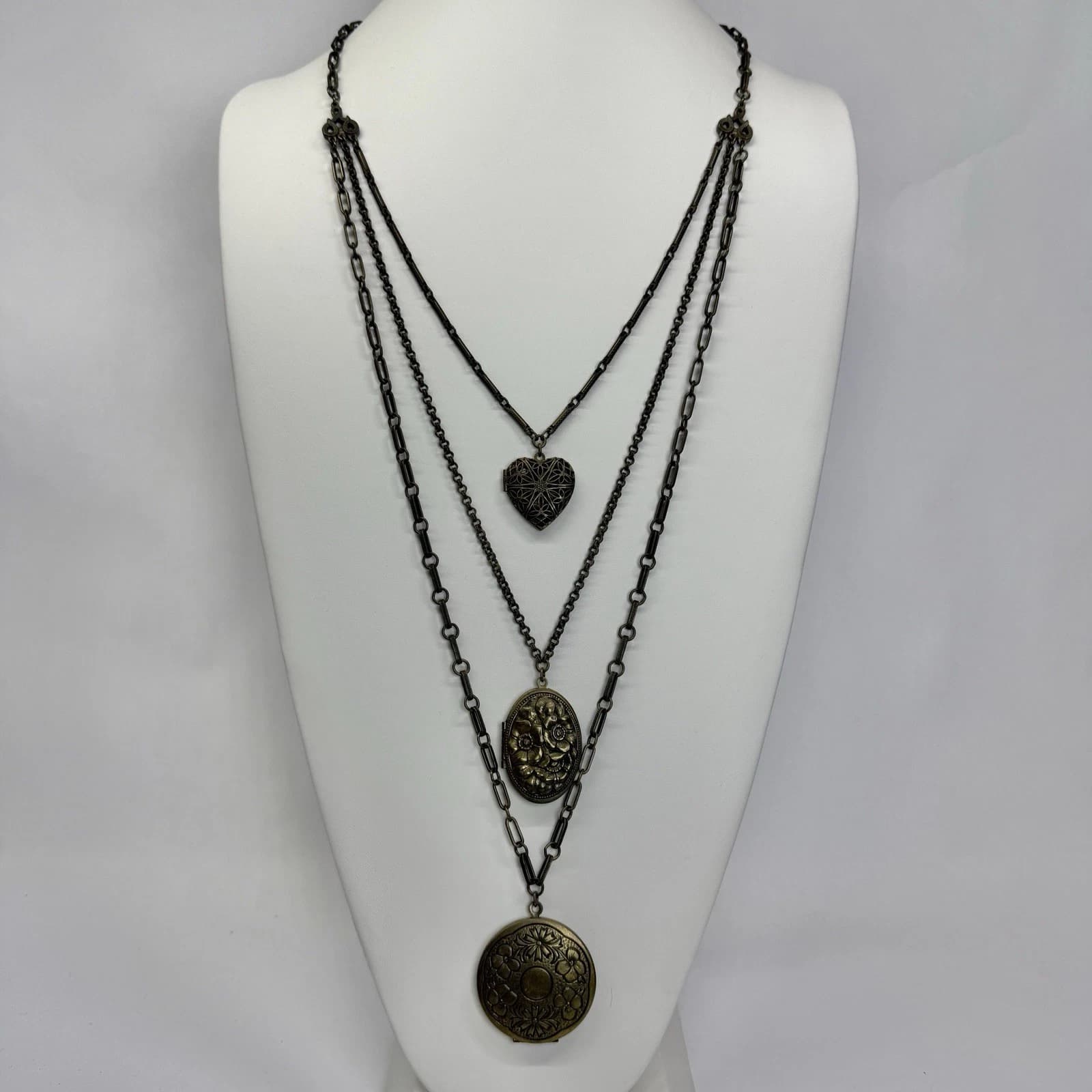 BEN AMUN Triple Locket Layered Brass Gold Tone Vintage Necklace Jewelry N268