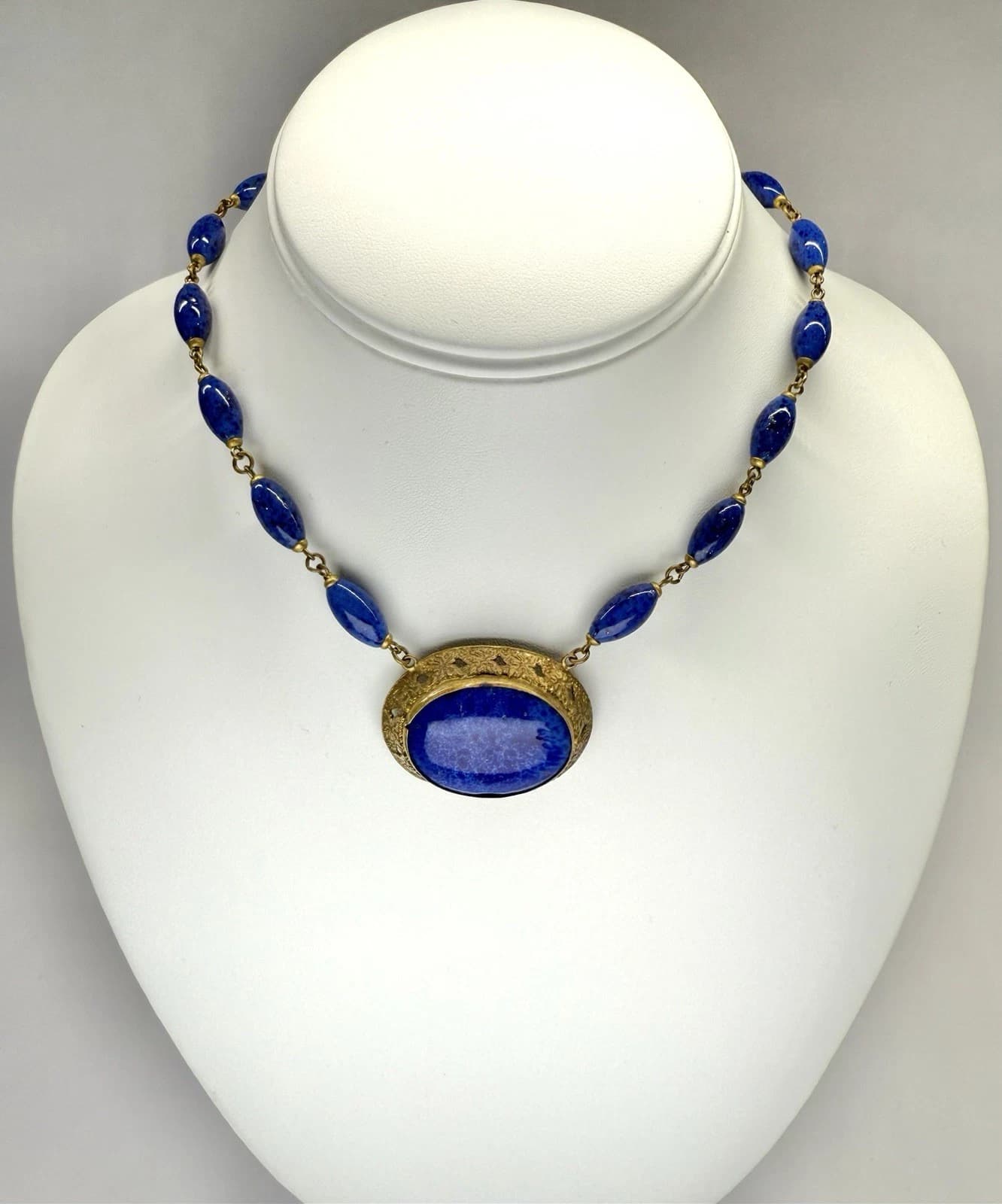 CZECH Art Deco Lapis Glass Bead Brass Pendant Vintage Necklace Jewelry N164