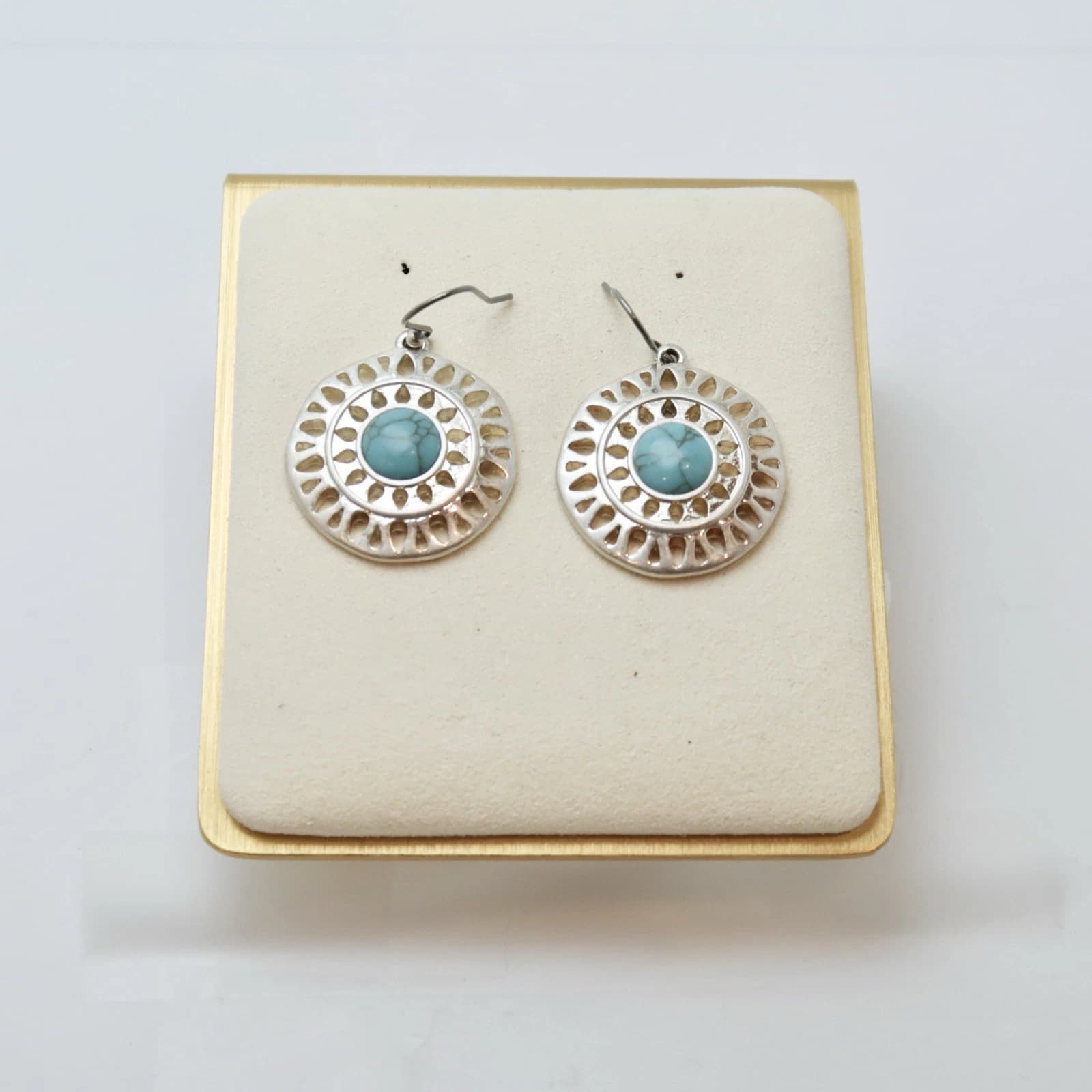 Faux Turquoise Filigree Drop Overlay Silver Tone Vintage Earring Jewelry E39