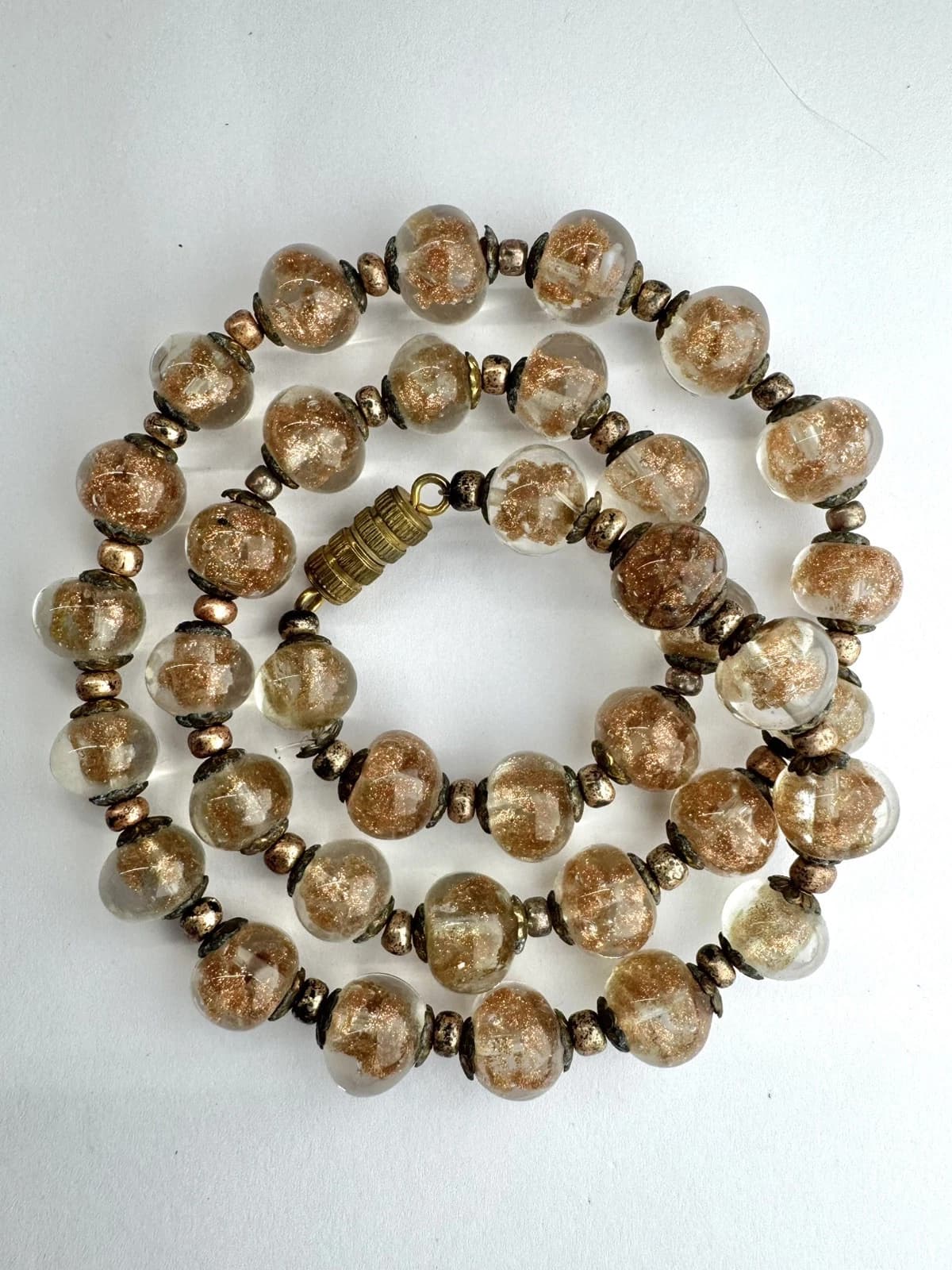 Italian Murano Golden Brown Millefiori Glass Bead Vintage Necklace Jewelry N98