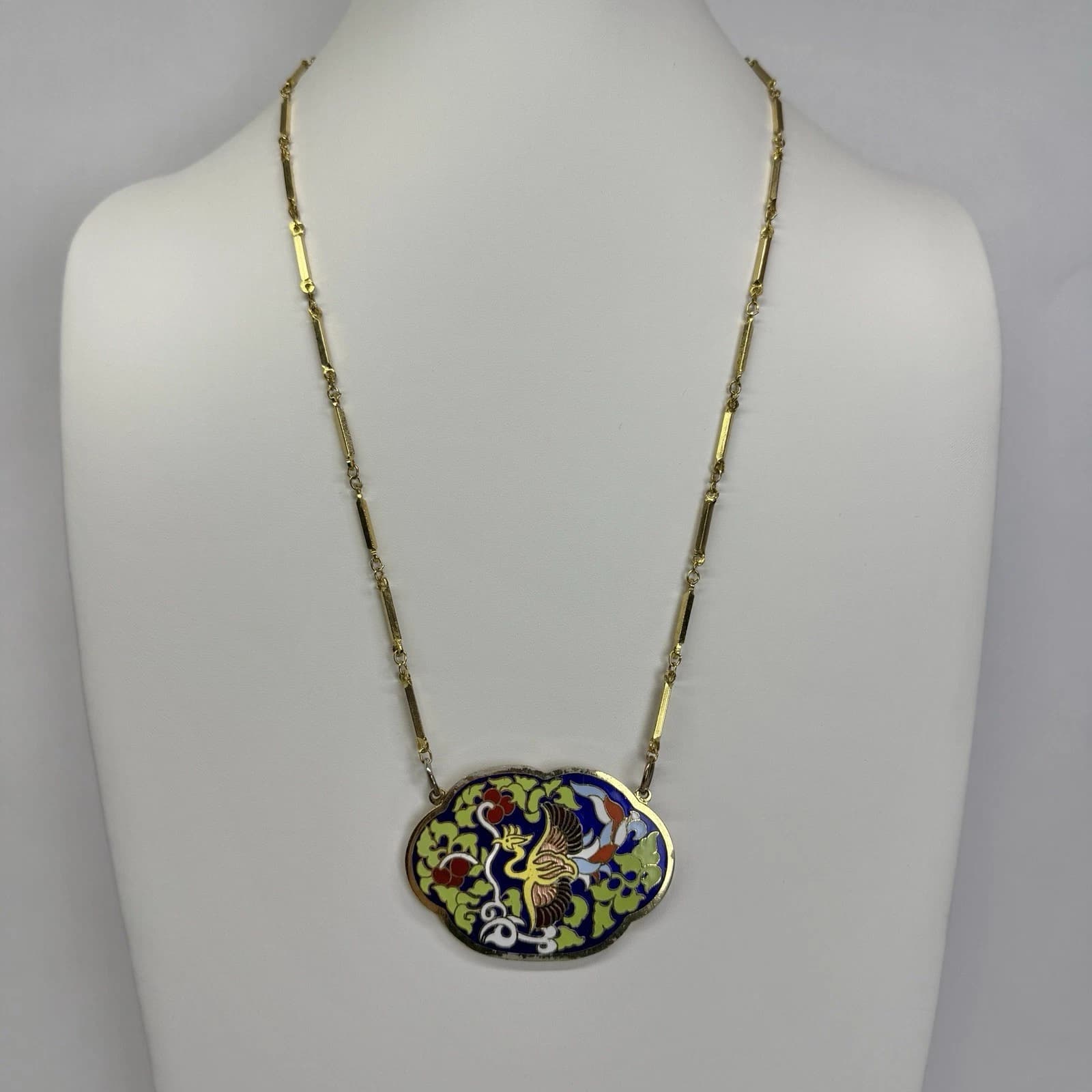 Large Chinese Cloisonné Bird Pendant Gold Tone Vintage Necklace Jewelry N245