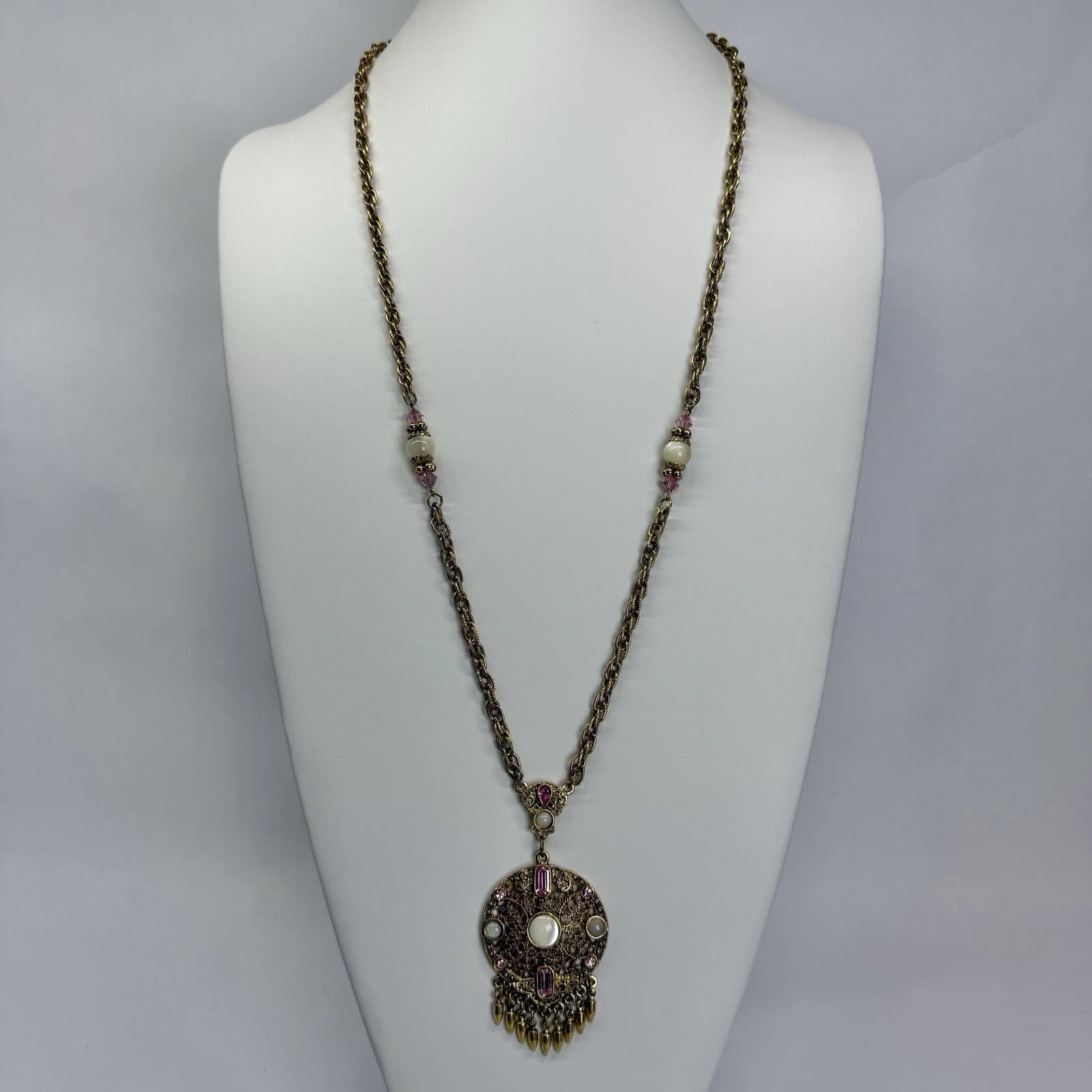 1928 Pink Crystal Glass Bead Pendant Gold Tone Vintage Necklace Jewelry N229