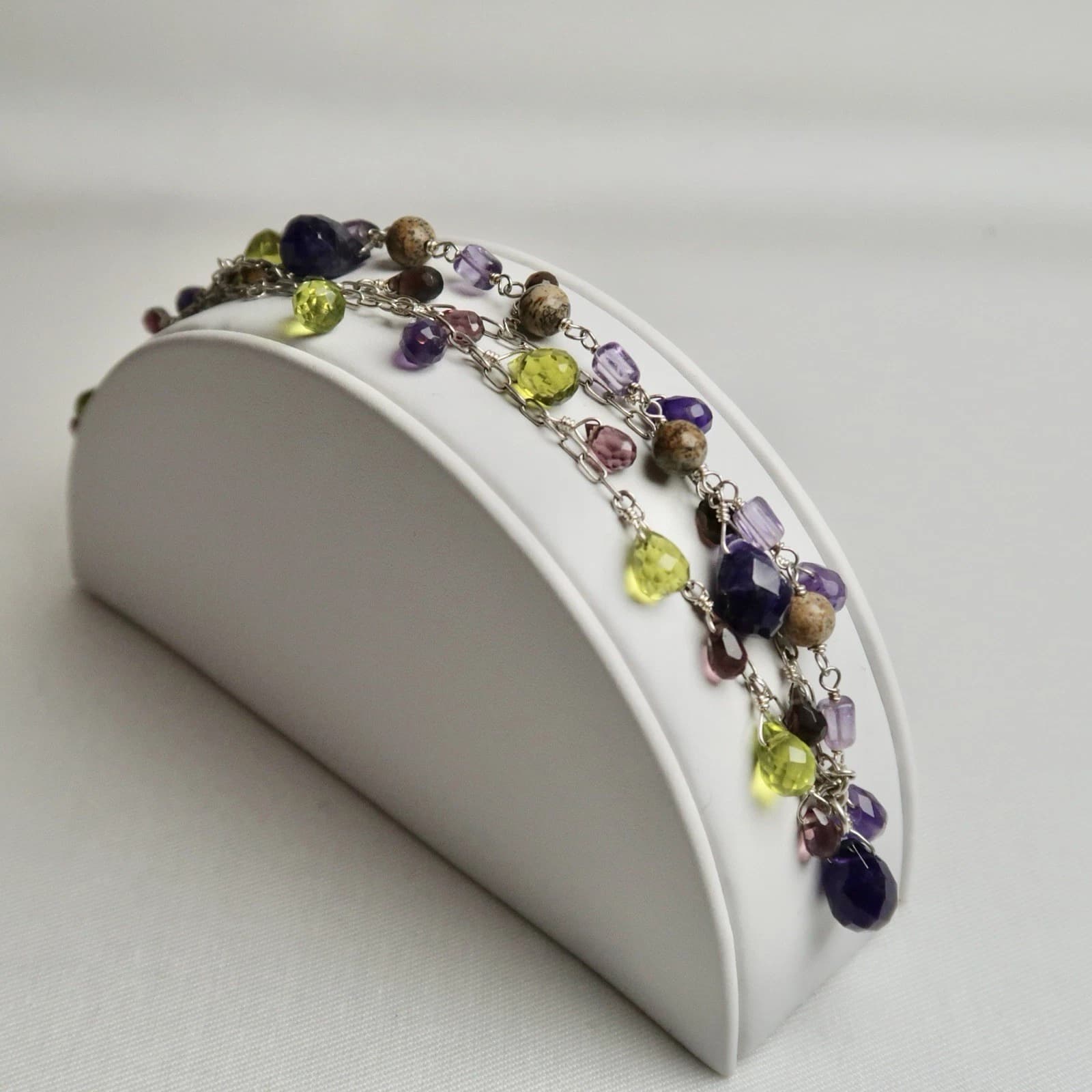 925 Sterling Silver Amethyst Peridot Dangling Gem Vintage Bracelet Jewelry Br120
