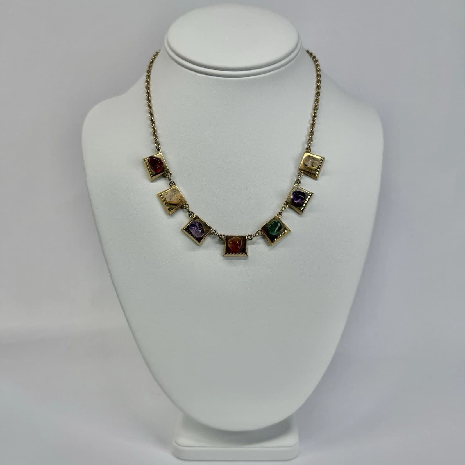 Elegant Multicolor Gemstone Gold Tone Statement Vintage Necklace Jewelry N340