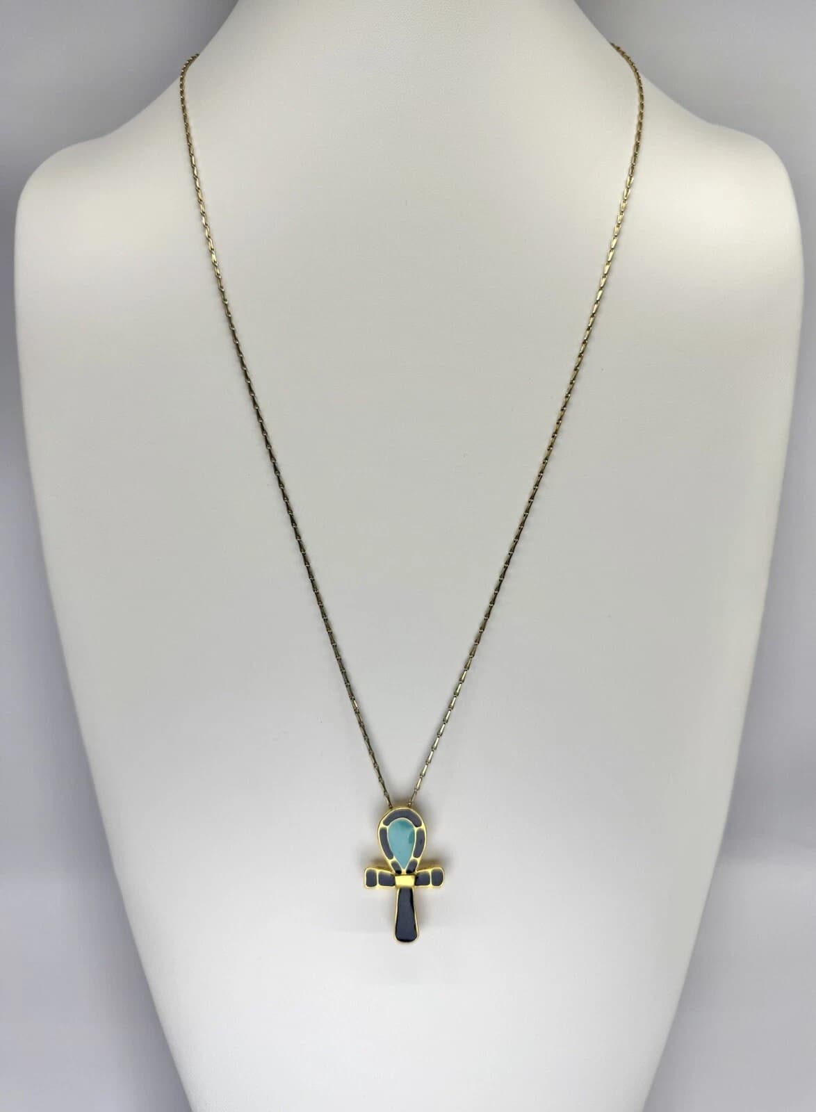 1976 MMA Gold Ankh Blue Enamel Pendant Sign of Life Vtg Necklace Jewelry N83 28”